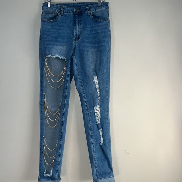 Jeans Women's Size 31 x 32 Blue Skinny Slim Fit High-rise Ripped - Picture 2 of 6